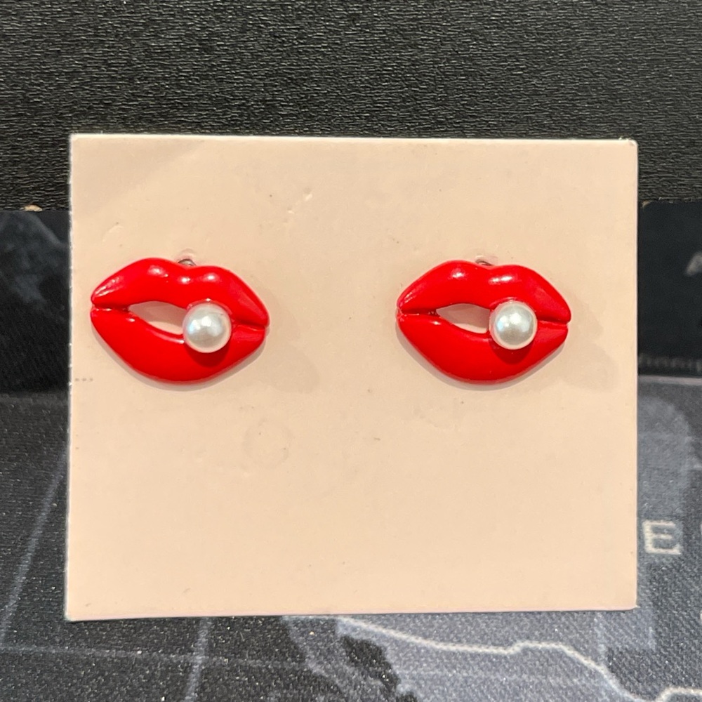 Red Lip Earrings with Pearl Accent